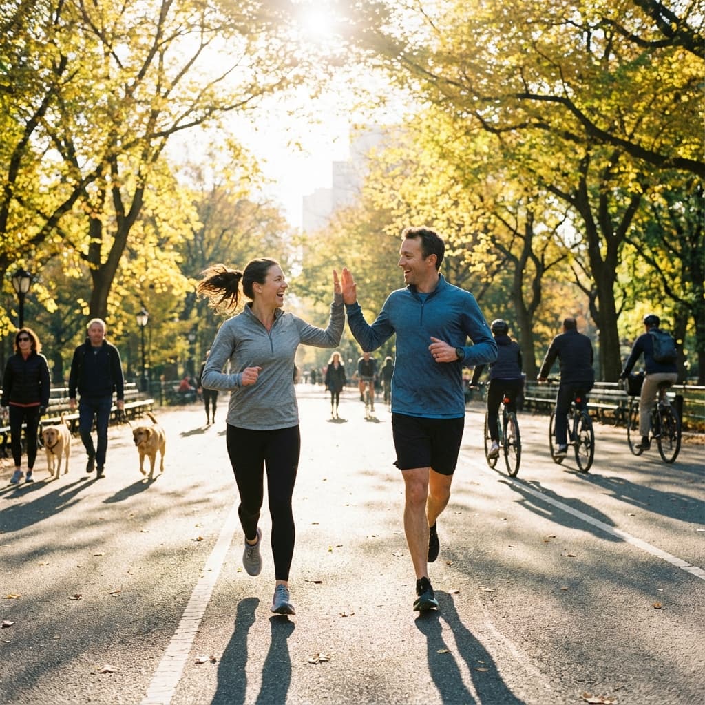 Duas pessoas comemorando durante uma corrida no parque