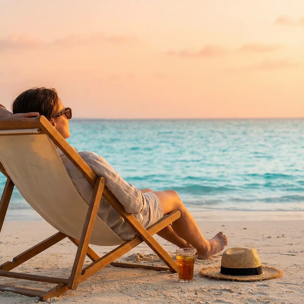 Pessoa descansando na praia ao pôr do sol
